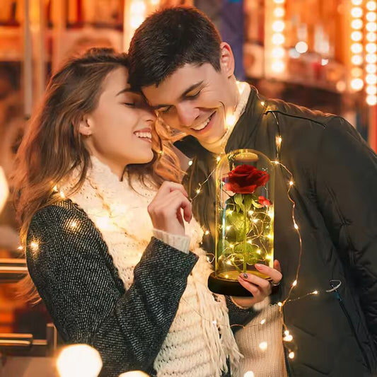 Artificial Flowers LED Red Rose Creative Valentine's Day Gift Rose in Glass Cover with Stand Light Up Rose Wedding Galaxy Rose